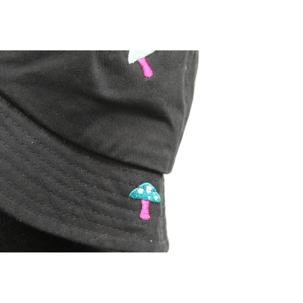 A-Lab Black Mushroom Embroidered Bucket Hat Cotton Streetwear Festival Cap